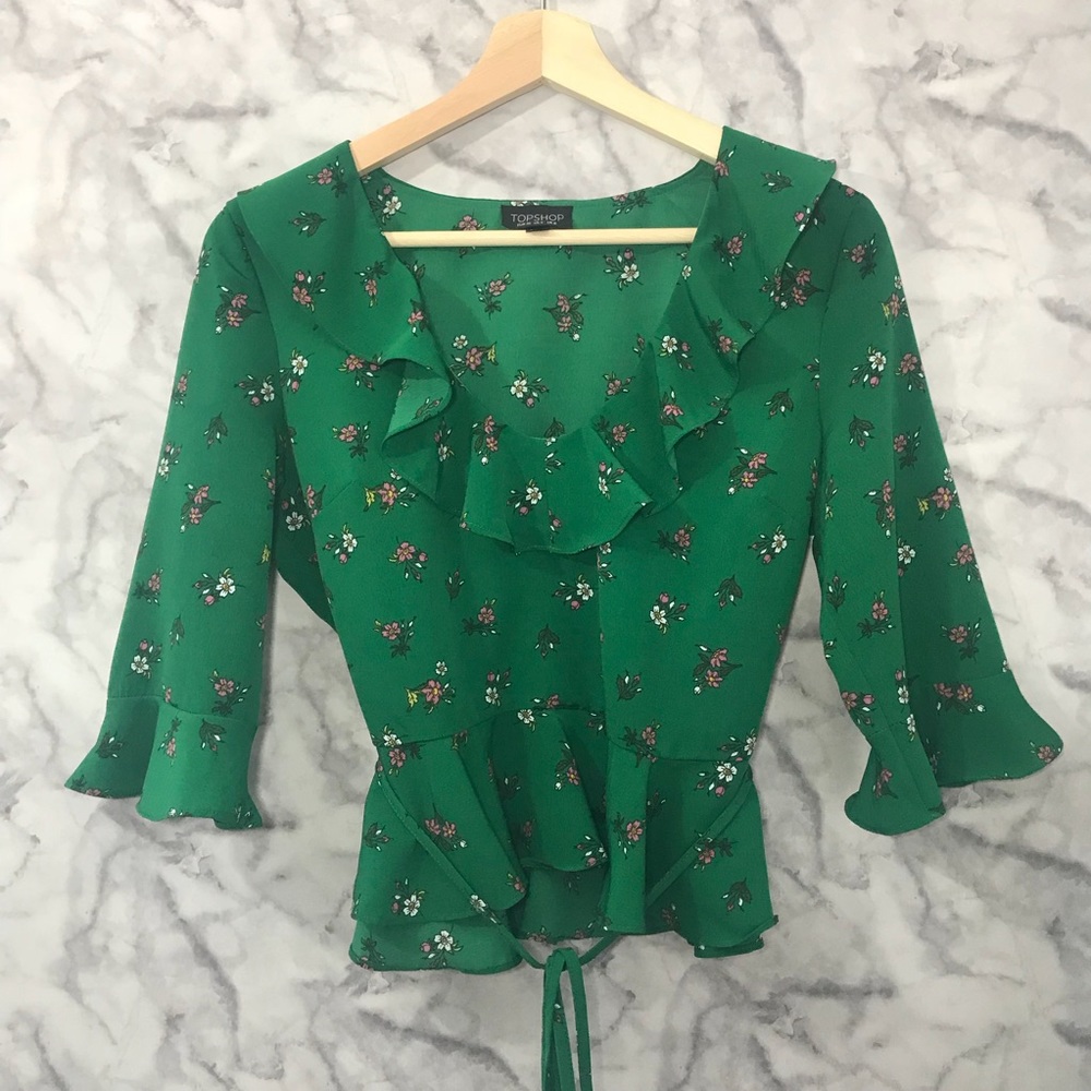 Topshop Green Floral Phoebe Frill Blouse